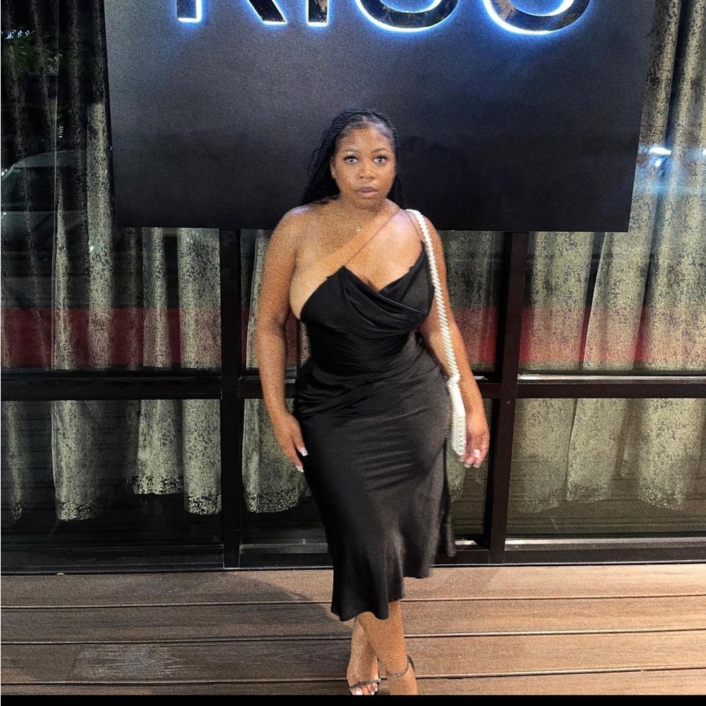 Black satin one shoulder maxi dress